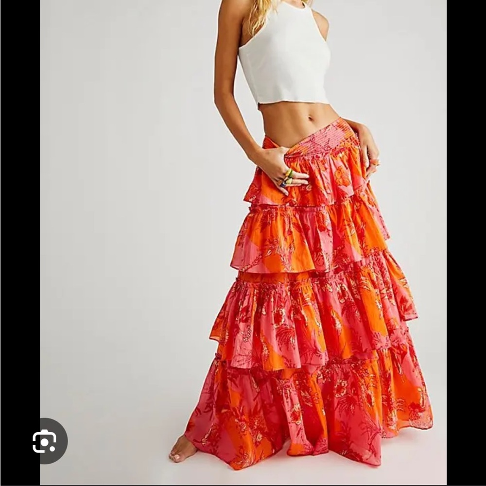 Free People Sawyer skirt Floral Ruffled Skirt - Pink and Orange